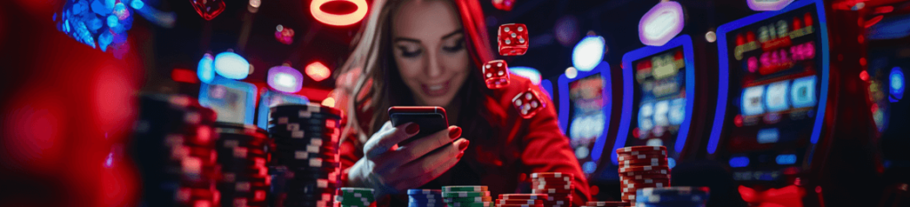 Woman playing online casino games on her smartphone in a modern casino setting